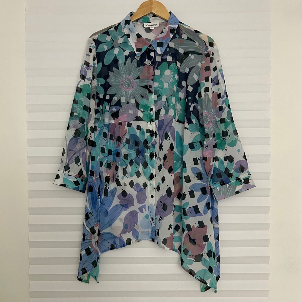 Serengeti Womens XL Floral Abstract Sheer Button Up Tunic Shirt Sharkbite Hem